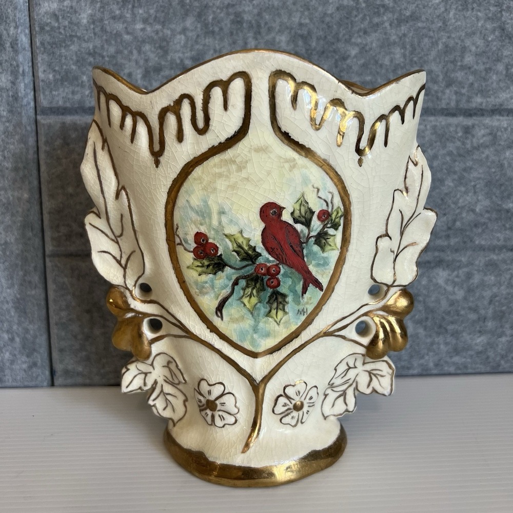 Vintage Porcelain Vase Hand Painted Initialed NH 1952